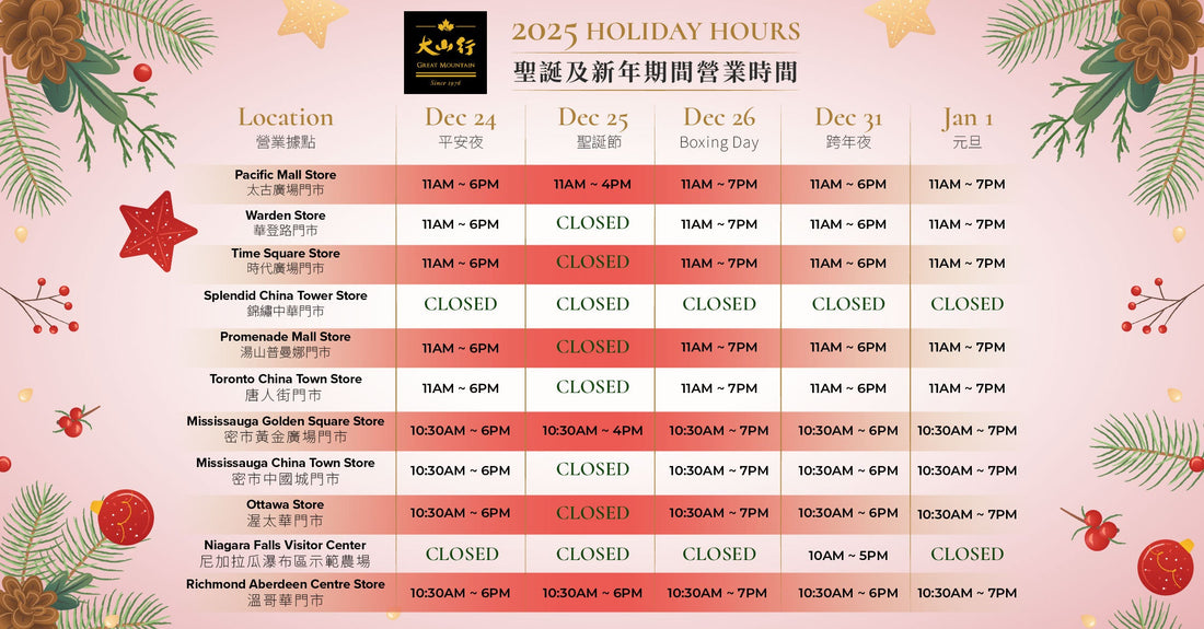 聖誕及新年期間營業時間公告